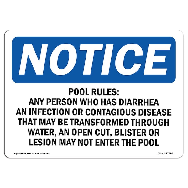 Safety Sign, OSHA Notice, 12" Height, Pool Rules Any Person Who Has Diarrhea Sign, Landscape